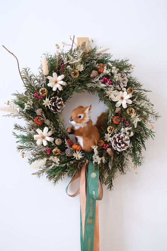 手工製松鼠聖誕永生花環 (M) | Handmade Preserved Flower Christmas Wreath 40cm (Medium)