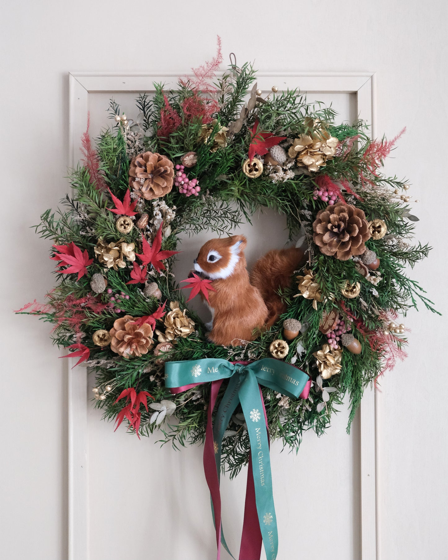 紅金色 - 手工製松鼠聖誕永生花環(M) | Handmade Preserved Flower Christmas Wreath 40cm (Medium)